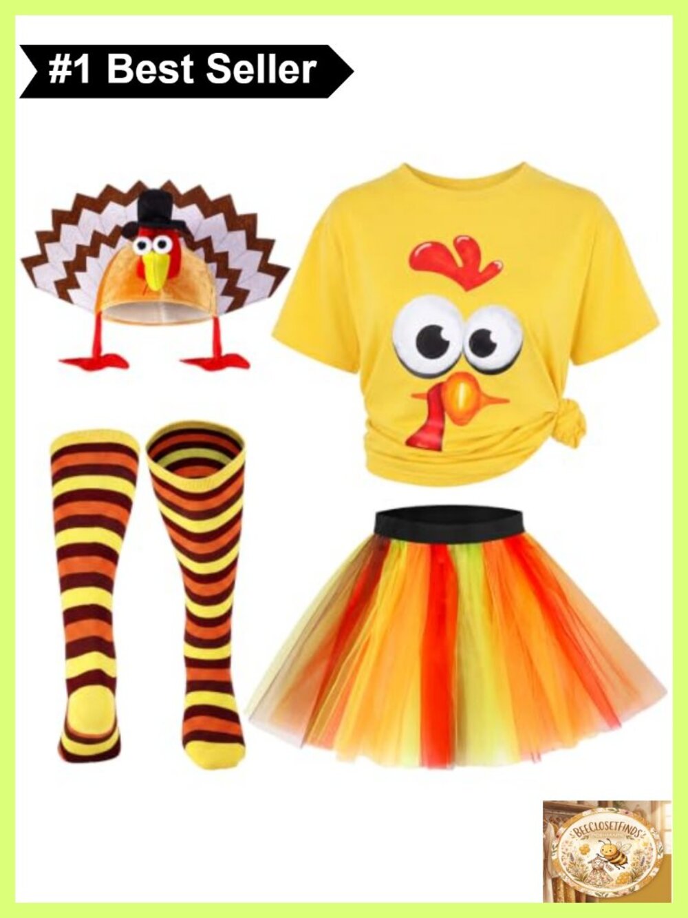 4 Pc Women's Thanksgiving Turkey Costume Set Tutu Socks Hat Tee